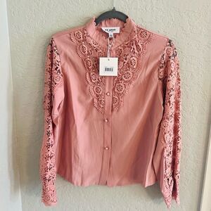 HL AFFAIR Lace Panel Long Sleeve Blouse Top, Romantic Pink/Blush Size Large, NWT
